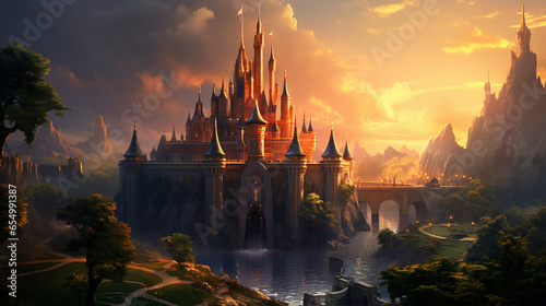 Old fairytale castle on the hill. Fantasy landscape illustration. sunset © Korexcalibur