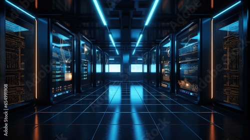 Futuristic server room corridor with blue light.