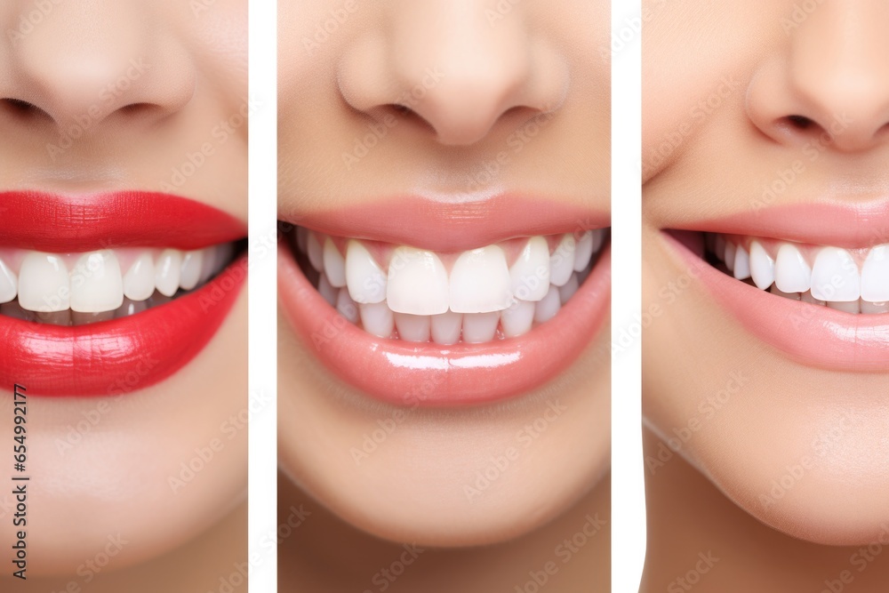 Collage of closeups of smile with white healthy teeth. Dental clinic  - obrazy, fototapety, plakaty 