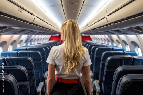 Beautiful young girl got a job as a flight attendant at a big airline. Cabin crew is wearing her uniform and is ready to get to work, standing in the large cabin of the plane, waiting for passengers.