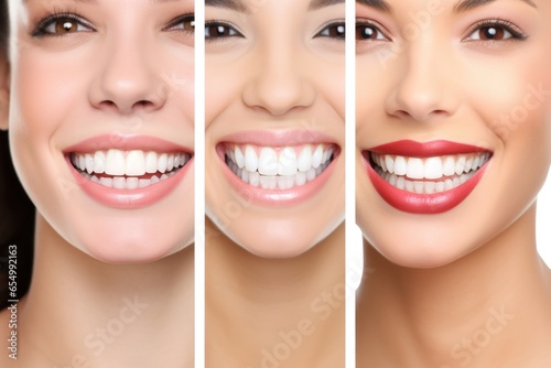 Beautiful wide smile of young fresh woman with great healthy white teeth. Isolated over background. Collage diverse women