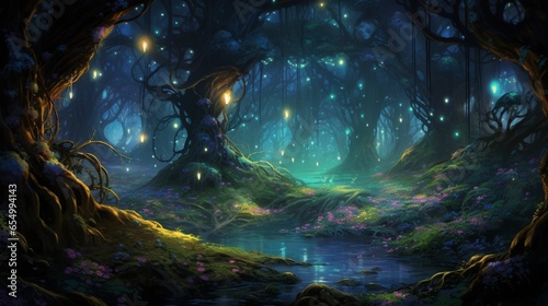 A mystical forest with ancient, gnarled trees and softly glowing fireflies in the twilight