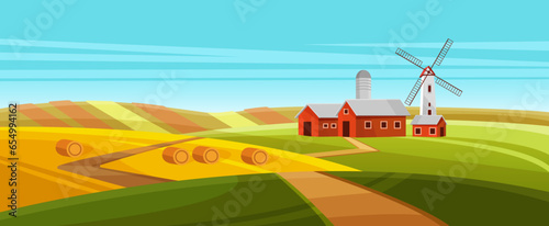 Farm house with windmill in village landscape vector illustration. Cartoon red barn, silo tower and wind power generator, rural road to farmhouse buildings, path through green and yellow hills