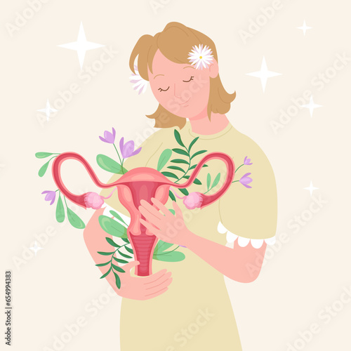Care and support for health of female reproductive system vector illustration. Cartoon isolated happy woman holding in hands feminine organs in flowers, awareness of problems of gynecology, menopause