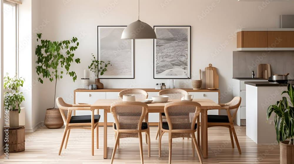 Obraz na płótnie Living room of dining room interior with mock up poster frame, stylish table, rattan chair, wooden kitchen island, white chocker, plants, kitchen hood and personal accessories. Home decor. Template. w salonie