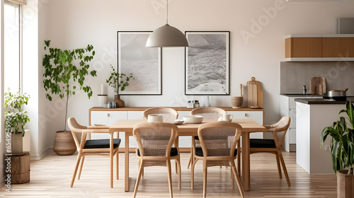 Living room of dining room interior with mock up poster frame, stylish table, rattan chair, wooden kitchen island, white chocker, plants, kitchen hood and personal accessories. Home decor. Template.