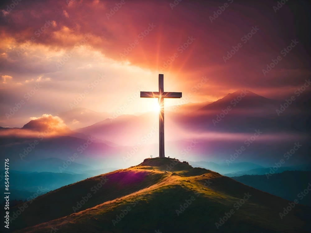 Holy cross symbolizing the death and resurrection of Jesus, Holy cross at the top of a hill with the sky shrouded with light and clouds