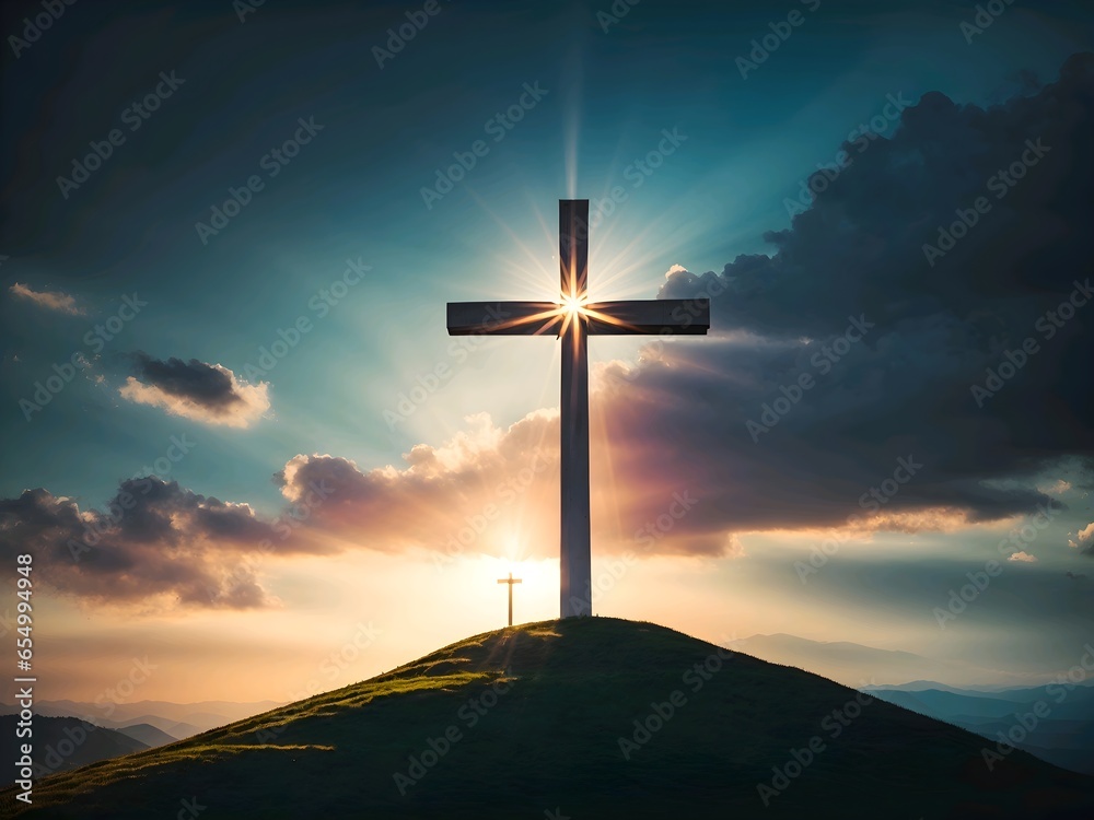 Holy cross symbolizing the death and resurrection of Jesus, Holy cross at the top of a hill with the sky shrouded with light and clouds Holy cross symbolizing the death and resurrection of Jesus, Holy cross at the top of a hill with the sky shrouded with light and clouds