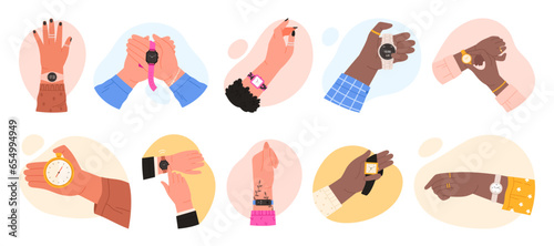 Hands with wrist watch set vector illustration. Cartoon isolated arm or fist of person with digital and analogue wristwatch collection, people check and control appointment time with chronometer