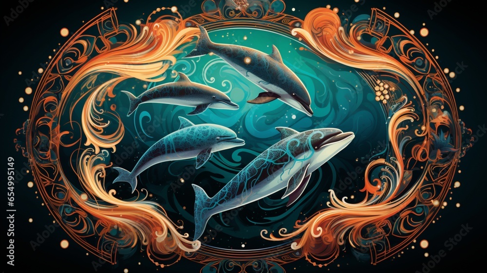 an intricate mandala artwork highlighting a group of graceful dolphins dancing in the tranquil waters