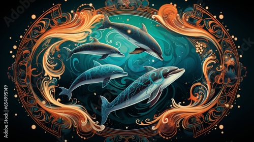 an intricate mandala artwork highlighting a group of graceful dolphins dancing in the tranquil waters