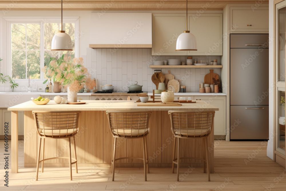 Earthy Scandinavian Style Modern Kitchen with Floral Arrangement on The Dining Table, Designed with Wood Island and Three Counter Stools
