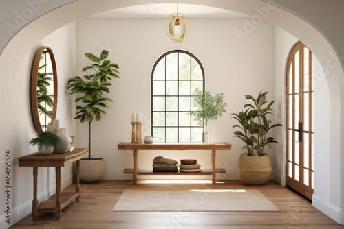 A Large Arched Sunlit Window and Door in A Modern Farmhouse Entryway with Potted Artistic Bonsai Plants and A Table with Round Mirror.