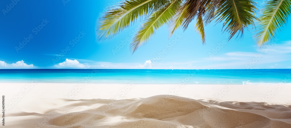 Tropical beach with fine sand, some palms near, calm sea with clear sky above. Empty copy space template for vacation or holiday product. Generative AI