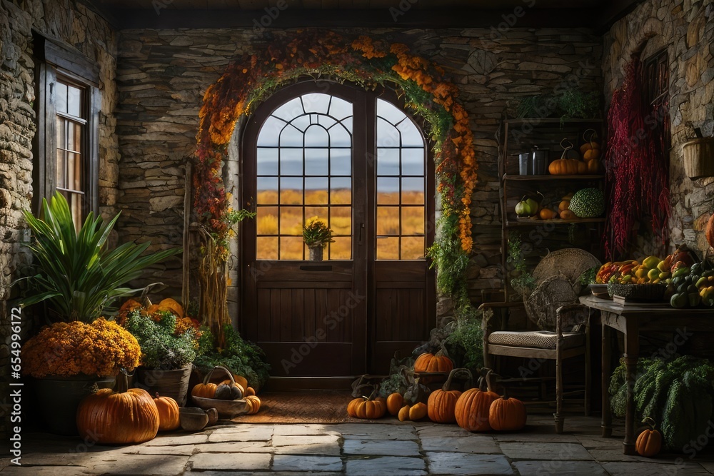 Fototapeta premium Floral Doorway Backdrop Autumn Digital Background Wedding Photography Backdrop Pumpkins Photoshoot Maternity Props Thanksgiving Halloween
