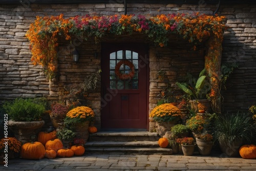 Floral Doorway Backdrop Autumn Digital Background Wedding Photography Backdrop Pumpkins Photoshoot Maternity Props Thanksgiving Halloween © Reha