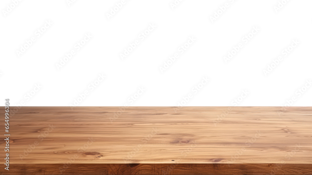 Isolated empty massive wooden table for product placement with transparent background, frontal view.