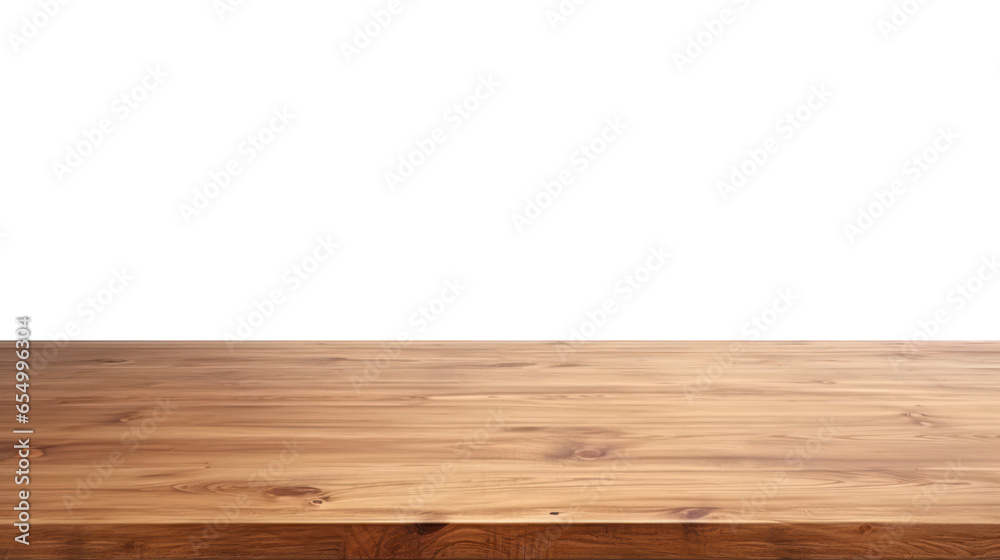 Fototapeta premium Isolated empty massive wooden table for product placement with transparent background, frontal view.