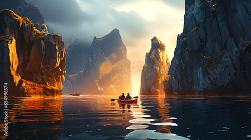 Kayakers swimming near to rock island spearhead landscape