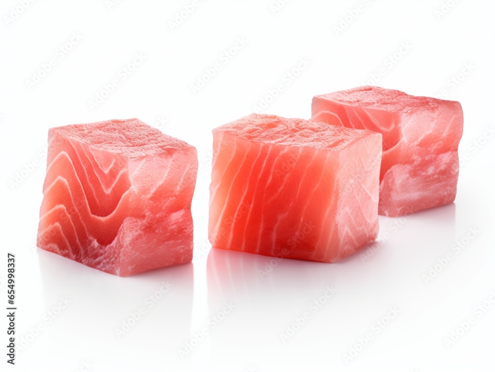 Three Pieces Of Slices of Salmon on a white background