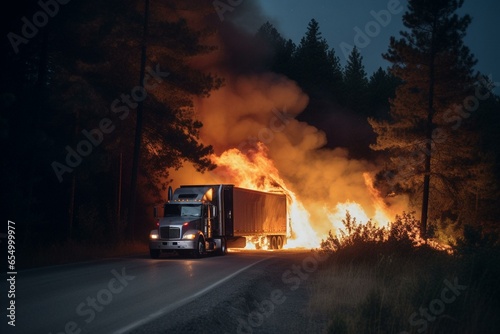 A truck fire reflecting the impact of transportation on finances and the natural surroundings. Generative AI