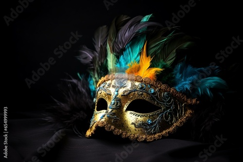 Feathered masquerade mask on dark background. Generative AI