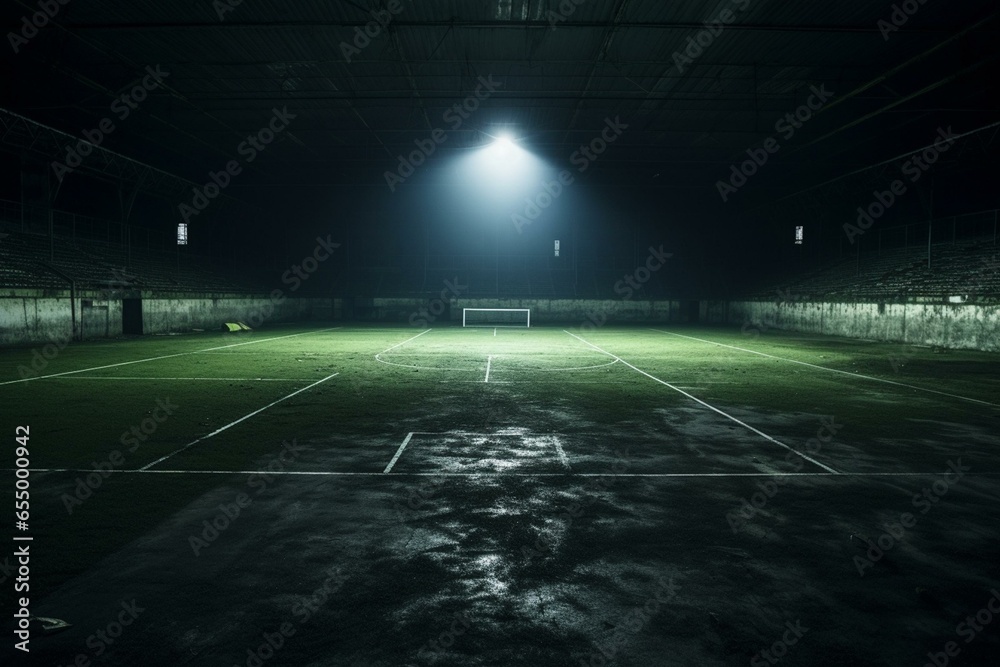 An abandoned soccer field lit by a lone spotlight, accompanied by a lush futsal court for practice. Generative AI - obrazy, fototapety, plakaty 