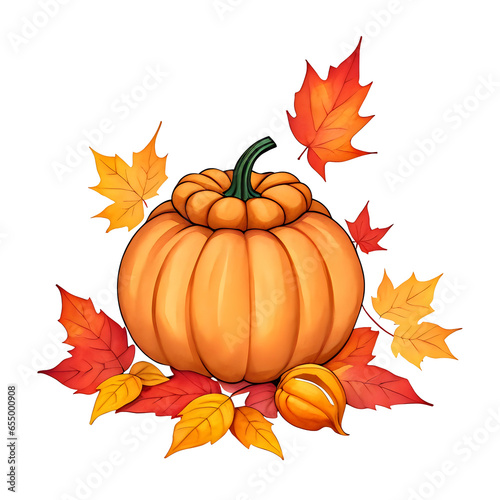 simple orange pumpkin and autumn maple leaves isolated on white background