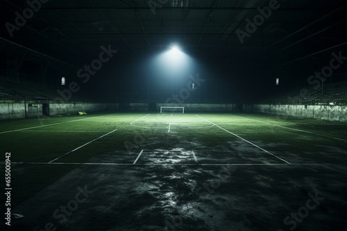 An abandoned soccer field lit by a lone spotlight, accompanied by a lush futsal court for practice. Generative AI © Sophia