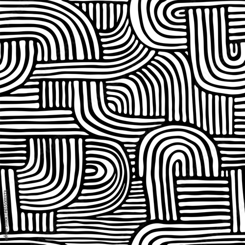 Abstract vector black and white seamless hand drawn texture with striped shapes. Boho art endless background. Contemporary art poster, wallpaper, wall, mural, home textile, bedding, package, fabric. 