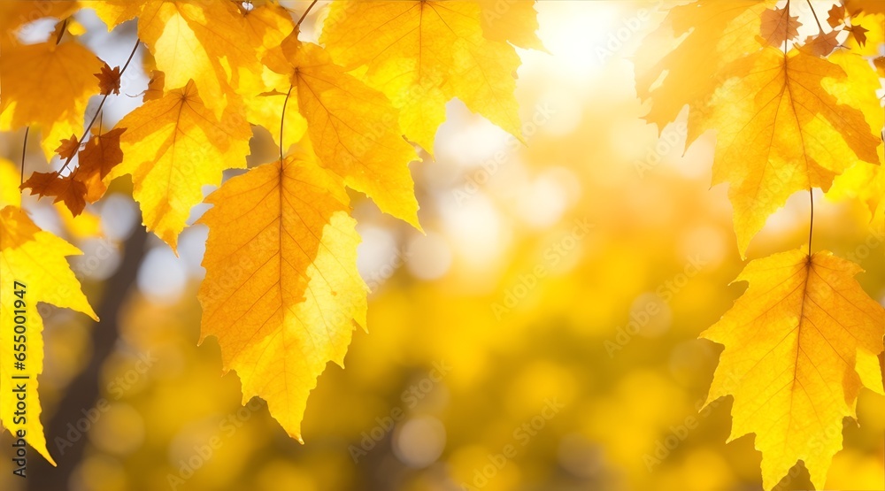 Obraz premium close up Beautiful blurred autumn background with yellow-gold leaves in the rays of sunlight on a dark natural background.