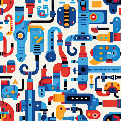 Pipe and fitting seamless patterns in primary colors