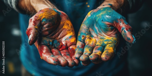 The hands of a man are covered in paint, with smudges and streaks visible on his fingers and palms.