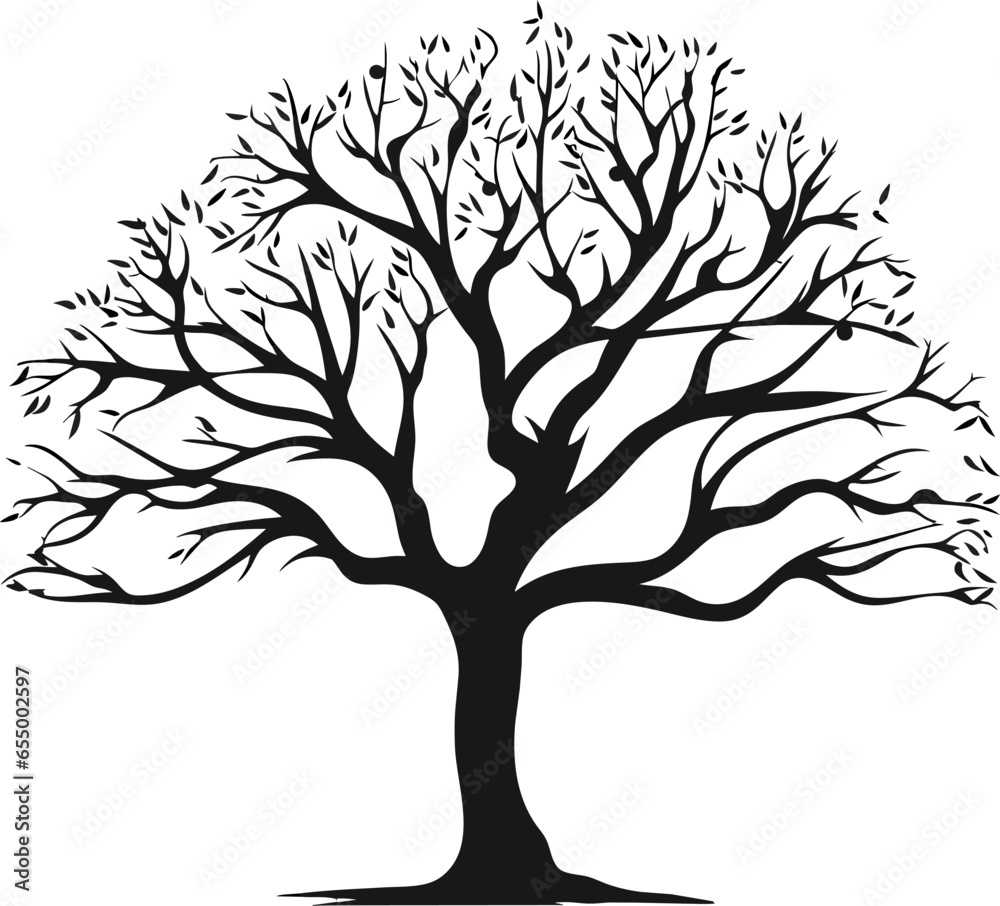 Fototapeta premium Vector illustration of isolated, realistic tree branch with leaves and two birds, in black color, on white background. Wall sticker.