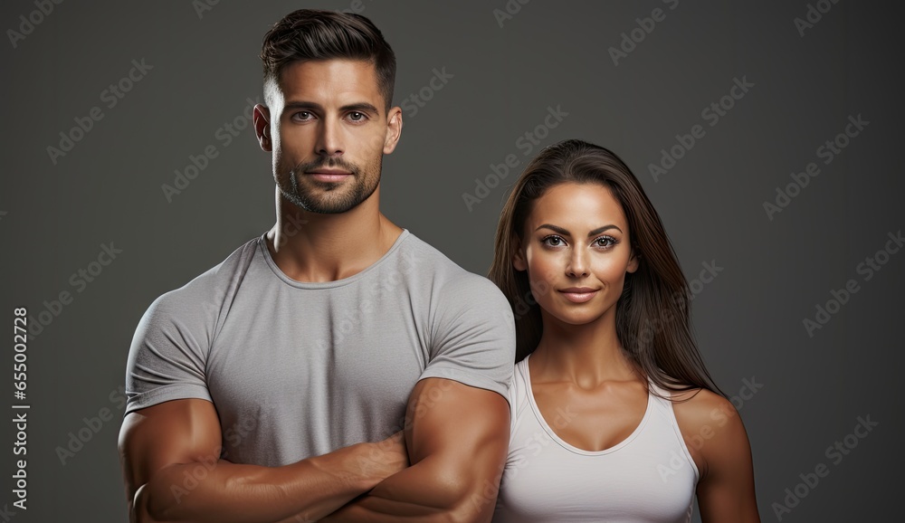 Obraz premium Gym prepared male and female pair, both dressed in sport shirts, stand together in a posed position