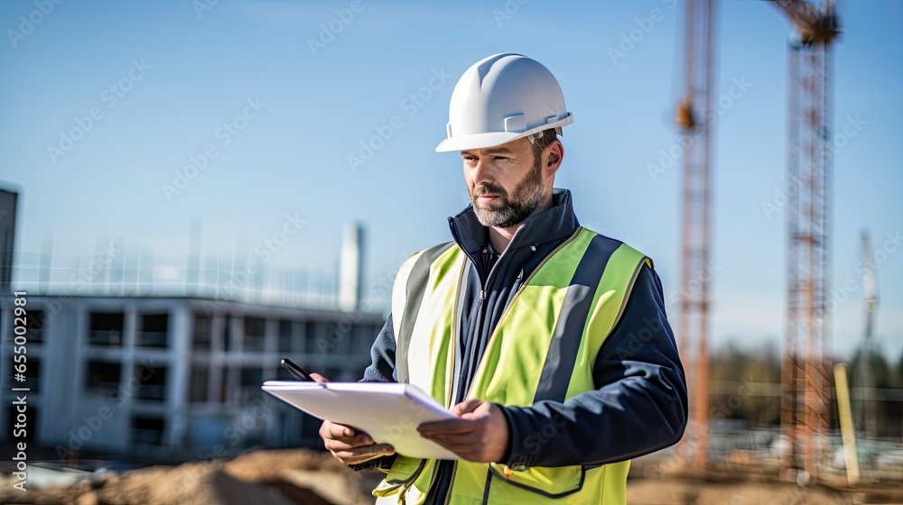 A professional worker wearing a hard hat and safety vest holds a blueprint, demonstrating safety A professional worker wearing a hard hat and safety vest holds a blueprint, demonstrating safety