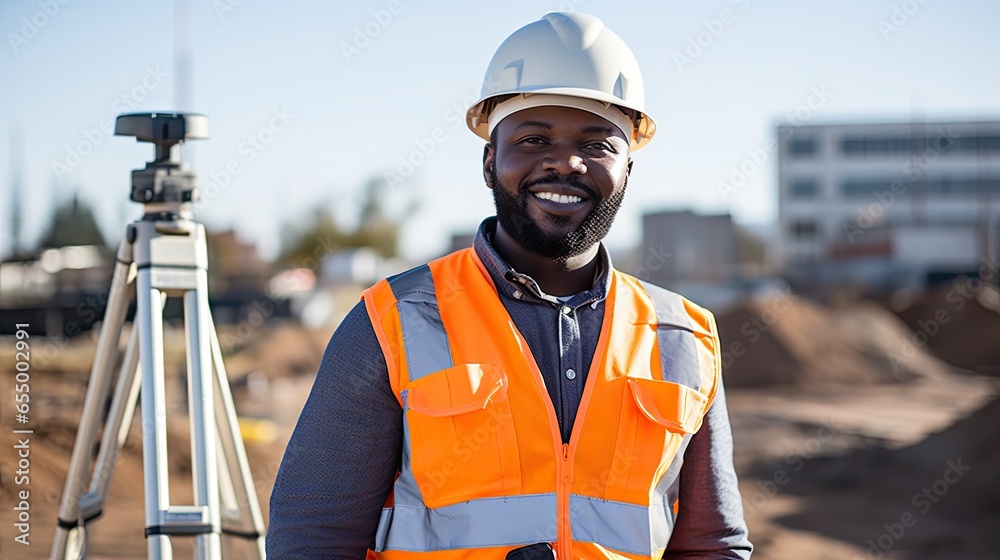 A professional worker wearing a hard hat and safety vest holds a blueprint, demonstrating safety - obrazy, fototapety, plakaty 