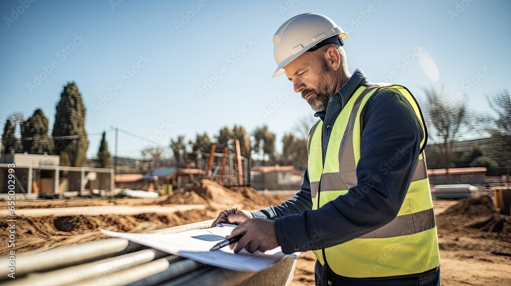 A professional worker wearing a hard hat and safety vest holds a blueprint, demonstrating safety