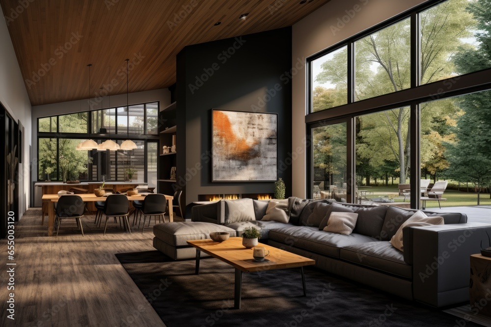 Fototapeta premium elegant living room adorned with sizable windows and a fireplace, exuding a modern ambiance