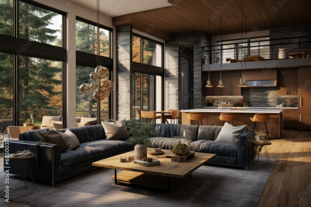 . A cozy living space with floor-to-ceiling windows, inviting natural light across a sleek modern . A cozy living space with floor-to-ceiling windows, inviting natural light across a sleek modern