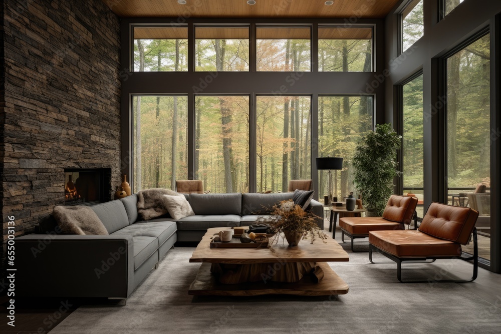 Obraz premium . A cozy living space with floor-to-ceiling windows, inviting natural light across a sleek modern