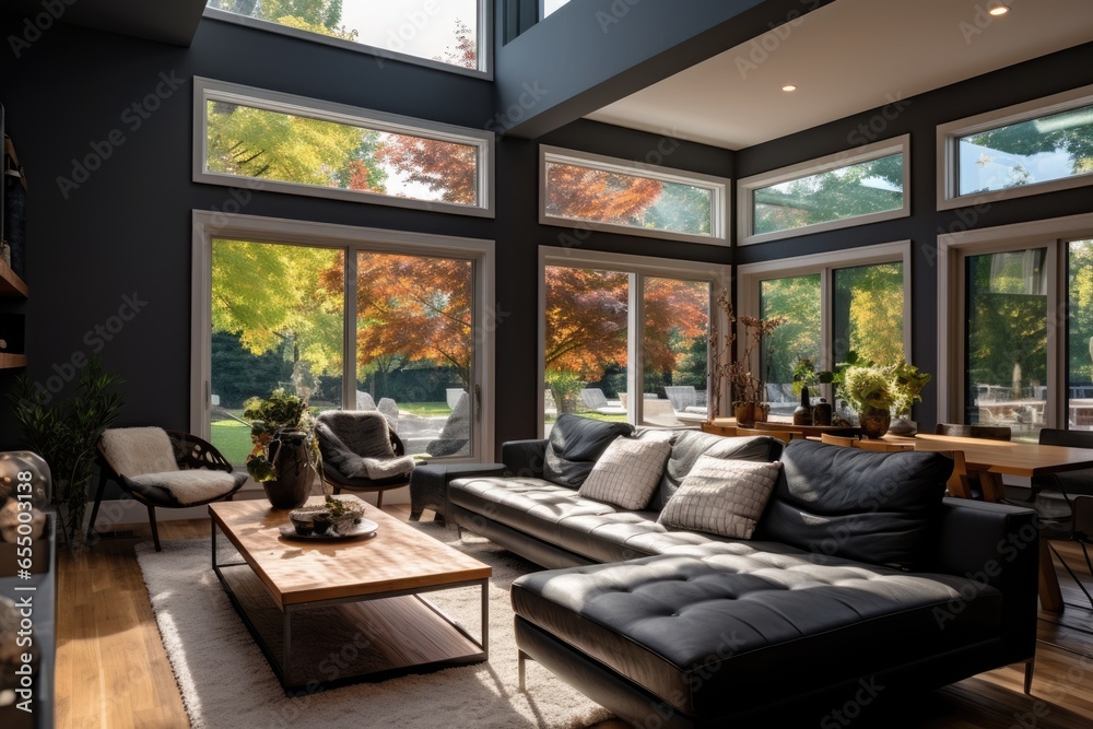 Naklejka premium elegant living room adorned with sizable windows and a fireplace, exuding a modern ambiance