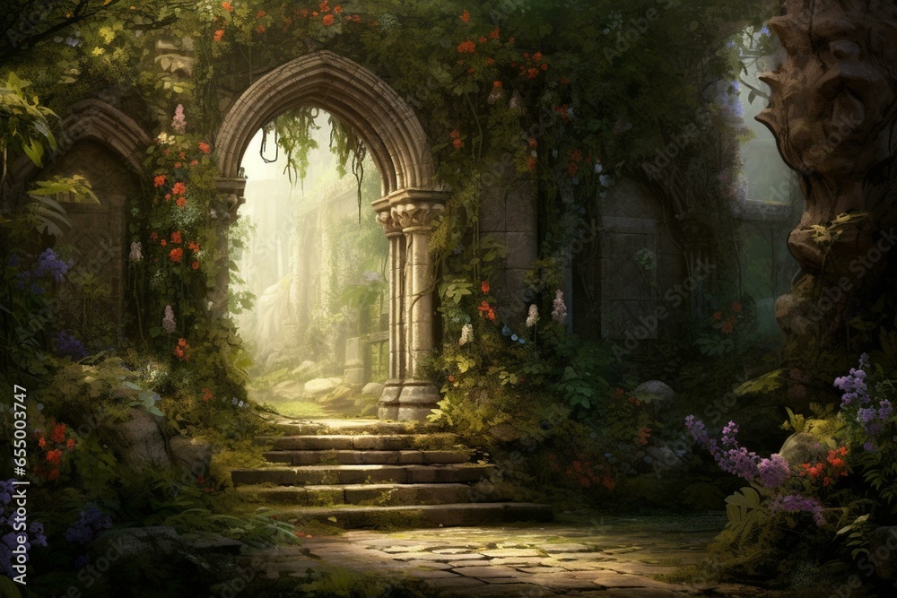 Illustration of an ancient gate adorned with ivy and flowers, capturing the pathway to a captivating garden. Generative AI