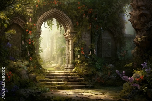 Illustration of an ancient gate adorned with ivy and flowers  capturing the pathway to a captivating garden. Generative AI