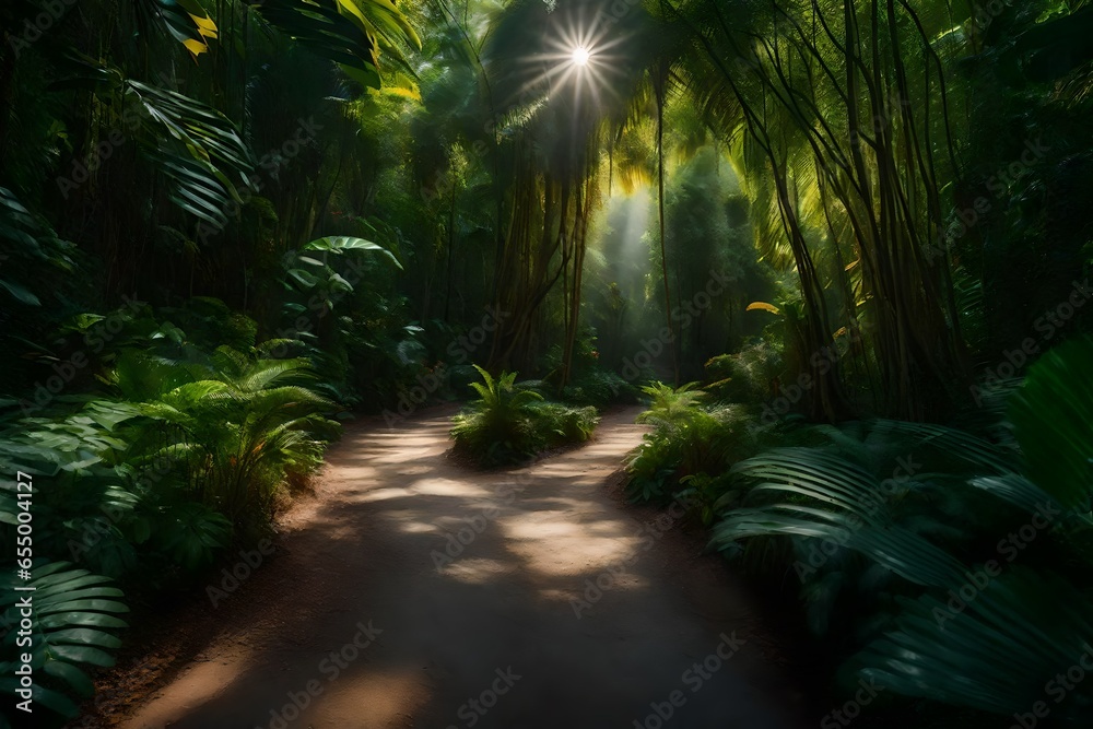 Fototapeta premium an image of a winding path cutting through a dense, summer jungle - AI Generative