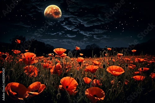 Nighttime field with full moon and poppies. Generative AI