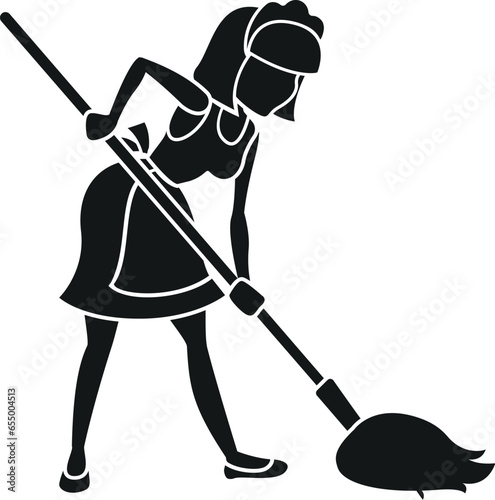 Cartoon Black and White Illustration Vector Of A Woman in A Maids Outfit Mopping