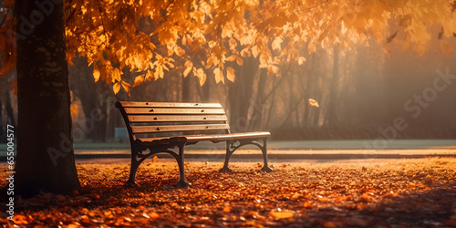 Bench in autumn park stock photo