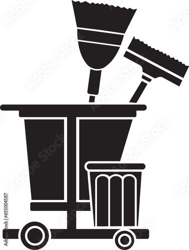 Cartoon Black and White Illustration Vector Of A Cleaning Cart with Broom Brush and Bin