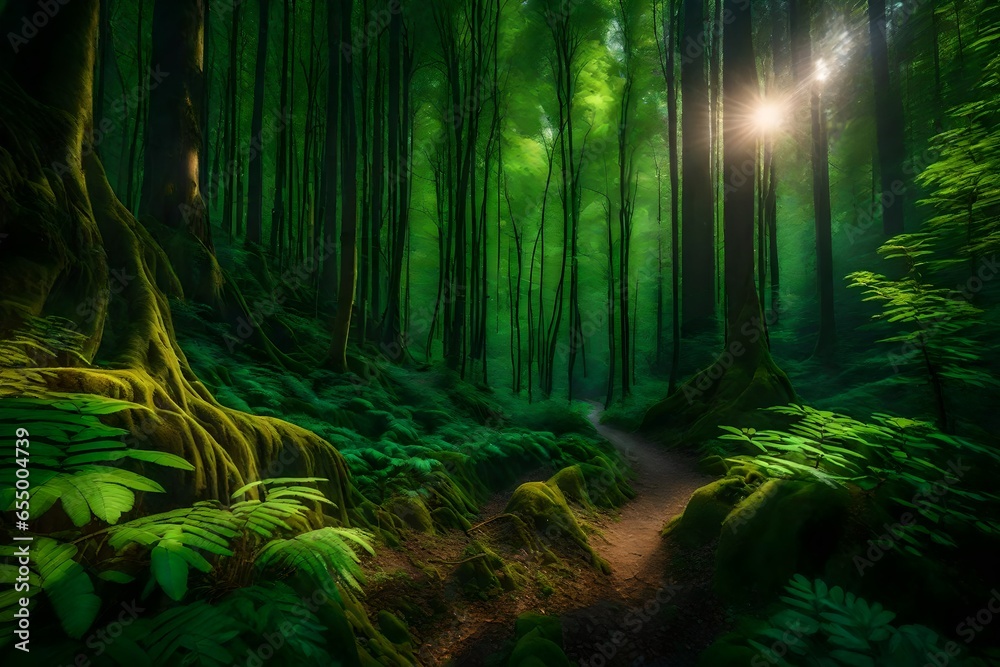 Fototapeta premium Enchanting and beautiful forest with sunlight filtering through the branches of trees - AI Generative